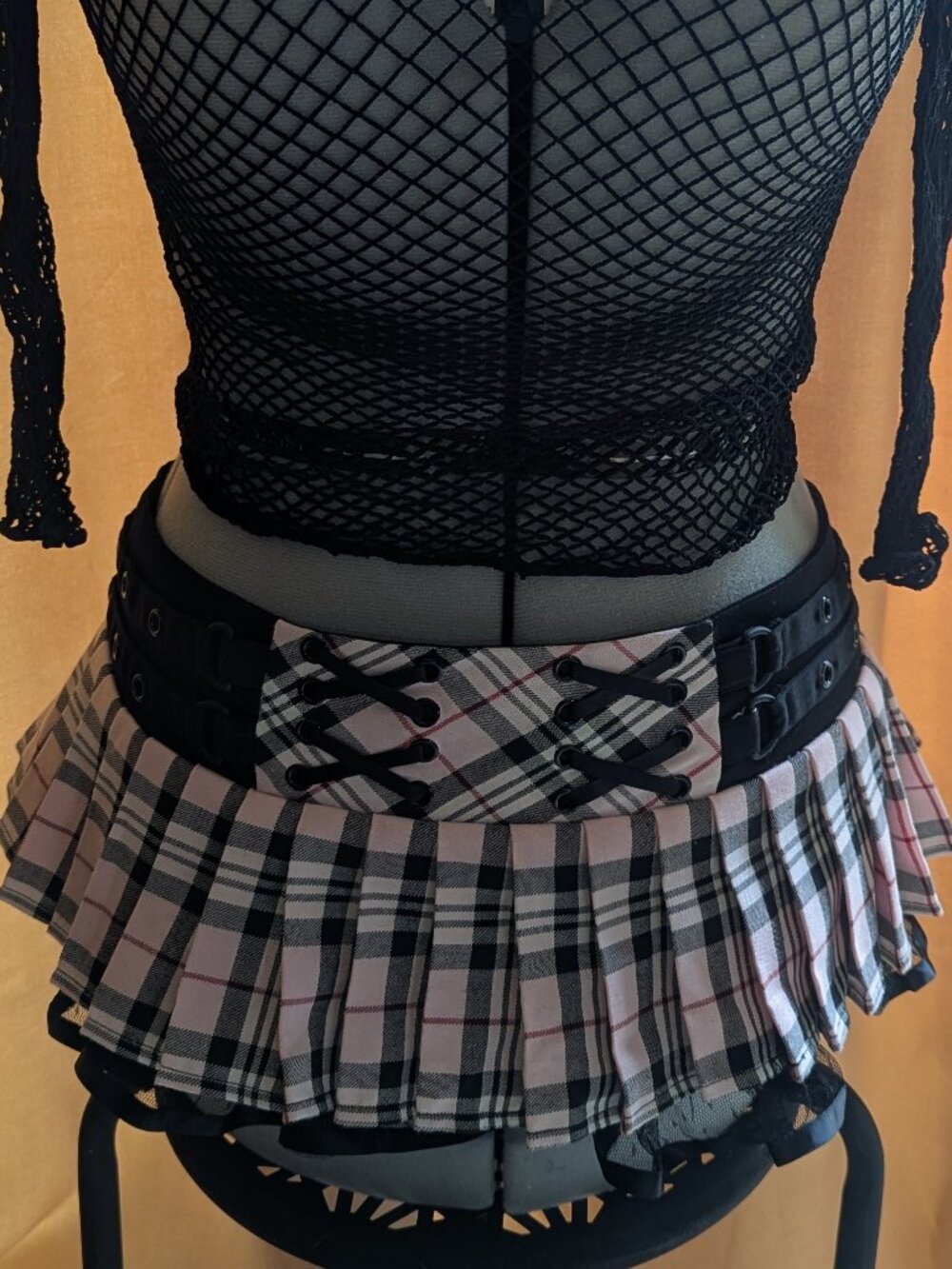 Pink Plaid Pleated Micro Mini skirt by bedroom stories Lace-Up  M + Mesh Top